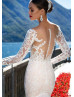 Long Sleeve Ivory Lace Tulle See Through Back Wedding Dress